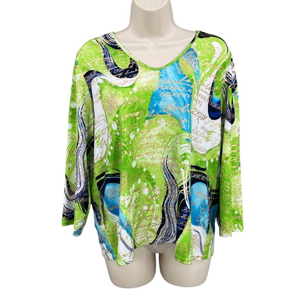 Tanjay Abstract Top Statement Artsy Designer Metallic Relaxed Fit Green Blouse M - Picture 1 of 10